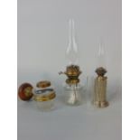 Oil lamp with cut glass font and Hinks Duplex burner No 2 and Duplex chimney together with a further