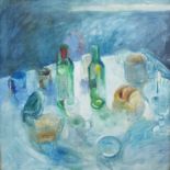 Victoria Goodman (20th century British) - Still life with bottles and mugs, oil on canvas laid