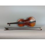 Cased 19th century violin with inlaid mother of pearl work to the back, with two bows