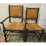 A set of eight (6+2) 18th century style oak dining chairs with unusual rush banded backs and drop in