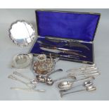 Mixed collection of silver plate to include a cased horn carving cutlery sets, a lantern, a