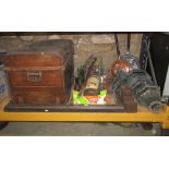 One lot of miscellaneous items to include a dome top tin trunk and contents, a cast iron fire