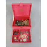 A box of costume jewellery to include three silver curb link bracelets, silver paste set lizard