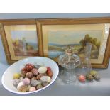 An enamel basin filled with a large collection of marble or hardstone eggs; together with a pair