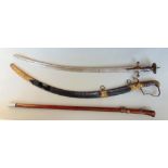 Two interesting cutlass type swords, one with leather sheath and handle with worked brass hand