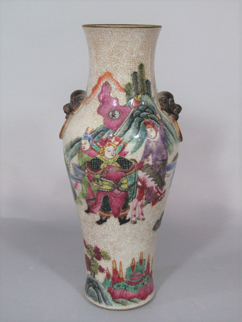 A Satsuma type table lamp base with polychrome painted male warrior decoration, with moulded - Image 2 of 2