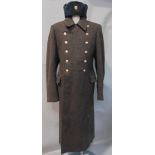 Russian military heavy weight coat in grey wool with Soviet era cap and winter fur hat