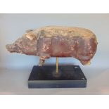 Provincial carved pine study of a pig with traces of original burgundy paint, upon a modern plinth