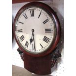 Late 19th century flame mahogany drop dial single fusee wall clock, 11 inch dial with Roman numerals