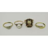Four gold dress rings comprising a pearl set example stamped 'K10', together with three 9ct examples