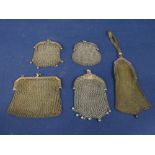 A collection of white metal continental mesh purses, one having an amethyst cabochon clasp and