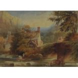 19th century British school - River scene with figures and cottage and continental lake scene (