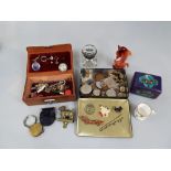 Sundry mixed coinage, brass bedroom door knocker, cloissone box, inkwell etc