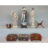 A collection of eastern ornaments to include bone figure of Guan Yen holding a baluster vase with