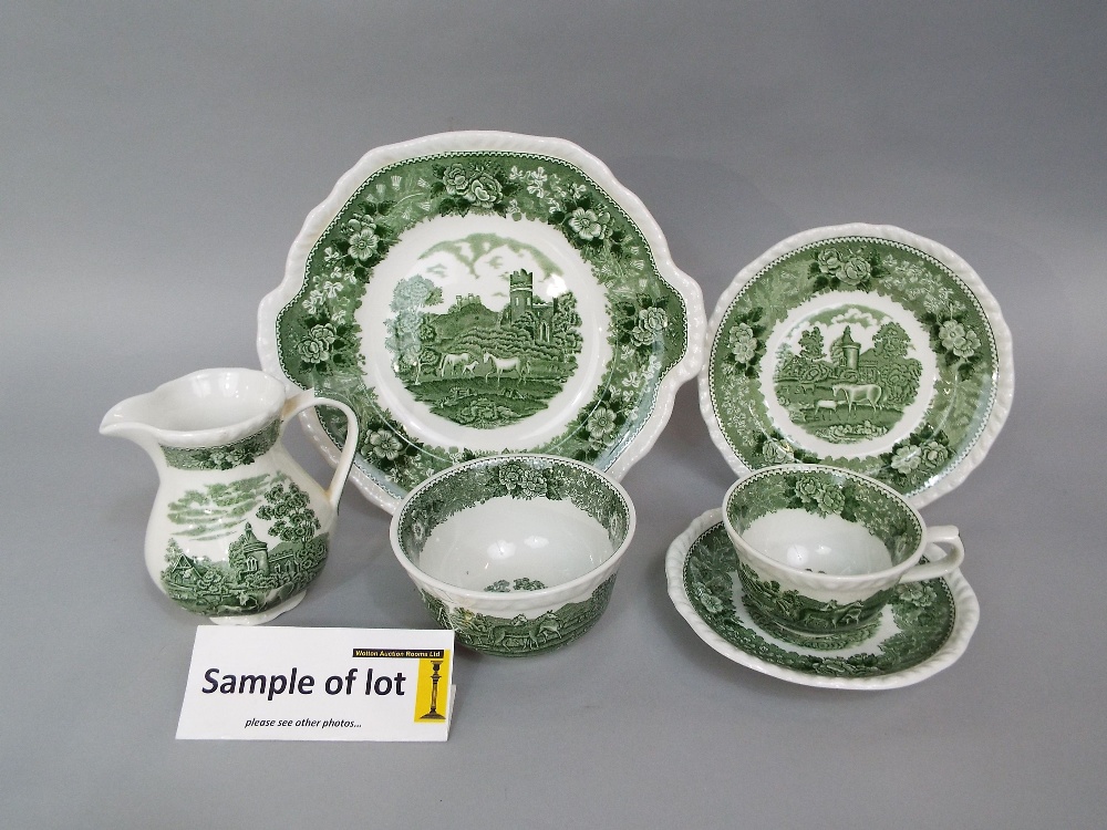 A collection of Adams green printed teawares from the English Scenic series comprising cake plate,