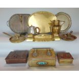 A collection of arts and crafts and related metalware to include an oval pierced brass tray, a