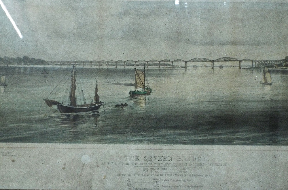 A 19th century coloured engraving of the Severn Bridge (later destroyed) from Gatcomb with Sharpness - Image 3 of 3