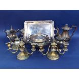 A mixed collection of silver plate and metal wares to include a silver plated lidded twin handled