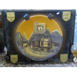 A relief moulded plaster plaque charger of circular form of an old inn with working clock tower,
