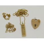 Mixed group of 9ct jewellery comprising an ingot pendant necklace, a heart padlock clasp, a fine