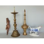 A mixed lot to include a carved lime wood study of Christ, a pricket candlestick, an Islamic type