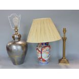 Japanese imari lobed porcelain baluster table lamp, together with a further eastern white metal