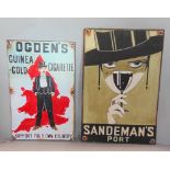 Two vintage style hand painted advertising signs for Sandeman's Port, 52 x 42cm and Ogden's Guinea-