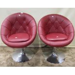 A pair of contemporary but retro style stitched button faux leather upholstered swiveling and