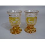 Good pair of Bohemian glass vases of faceted tapered form, with etched citrine glass panels of