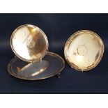 Three good antique silver plated salvers, the largest 36cm diameter, all engraved wit the same crest