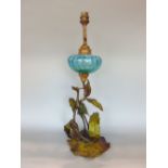 Possibly French bronzed spelter figural oil lamp, cast as a crane on the back of a tortoise amidst