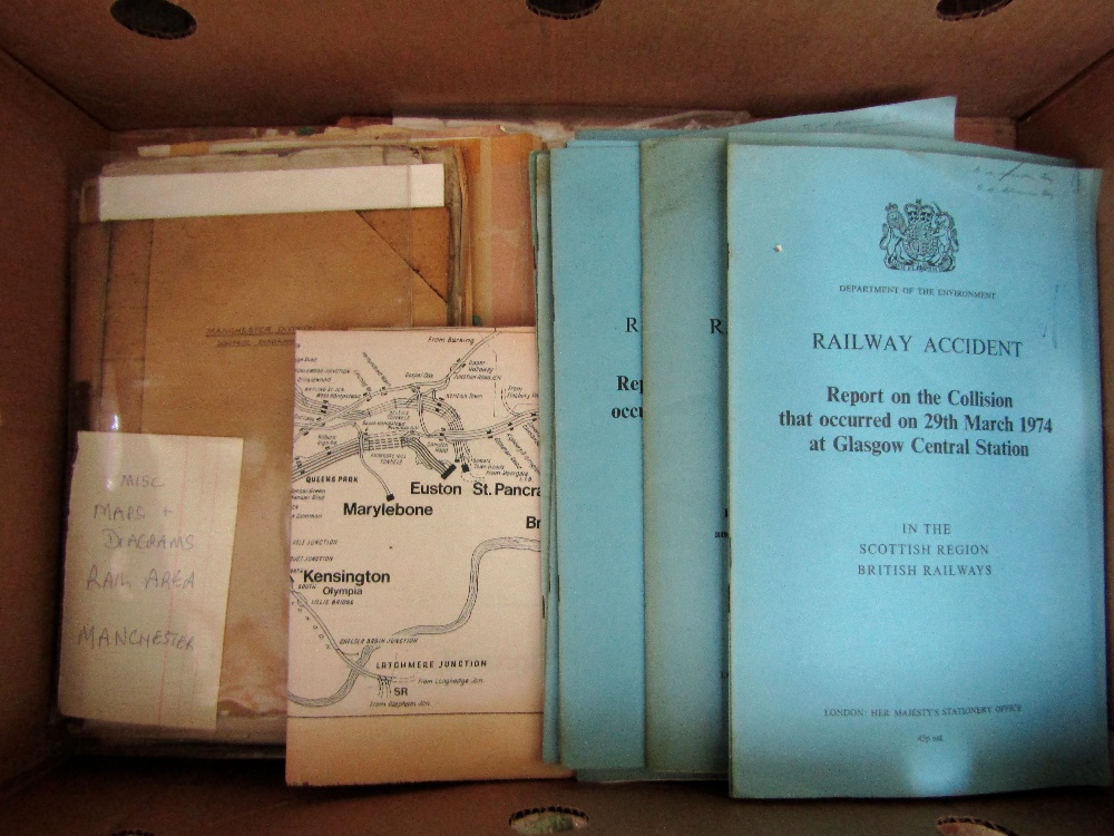 A box containing a collection of miscellaneous railway diagrams, maps, pamphlets, etc