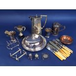 A box of various silver plated items to include teawares, tankards, tureens, toast racks, etc
