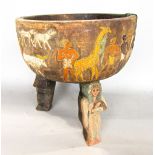 Egyptian Interest - Carved hardwood dish/vessel the sides decorated in polychrome with a