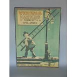 Vintage advertising sign for Veritas Mantels, illustrated with a gentleman carrying a ladder