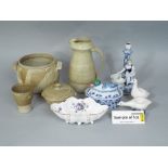 A collection of stone wares including a foot warmer, two 19th century inhalers, a jelly mould, a