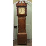 Mid 19th century oak and walnut banded long case cottage clock the square painted dial with moss