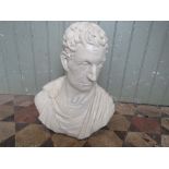 A composition stone head and shoulder bust of a classical male character with painted finish, 48
