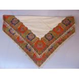 19th century square 'turnover' shawl with brightly coloured borders in blue, red, green and yellow