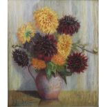 20th century British school - Study of a jug of dahlias and chrysanthemums, pastel on paper,