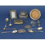 Mixed collection of silver to include two decanter labels, cigarette case, five fancy teaspoons, two