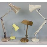 Vintage castlite desk lamp in brass with adjustable column and shade, two further angel poise lights