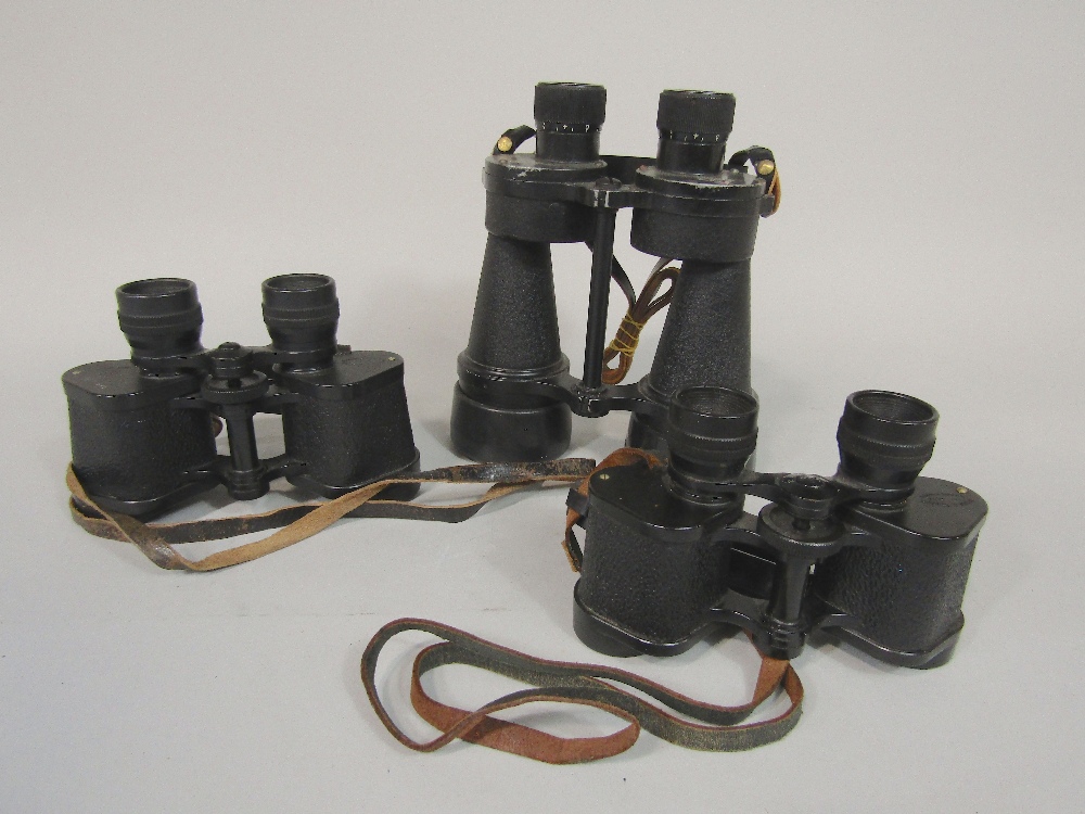 Three pairs of British binoculars to include Ross Bino Prism No 5 MKII 7 x 50, Barr & Stroud CF5 6 x