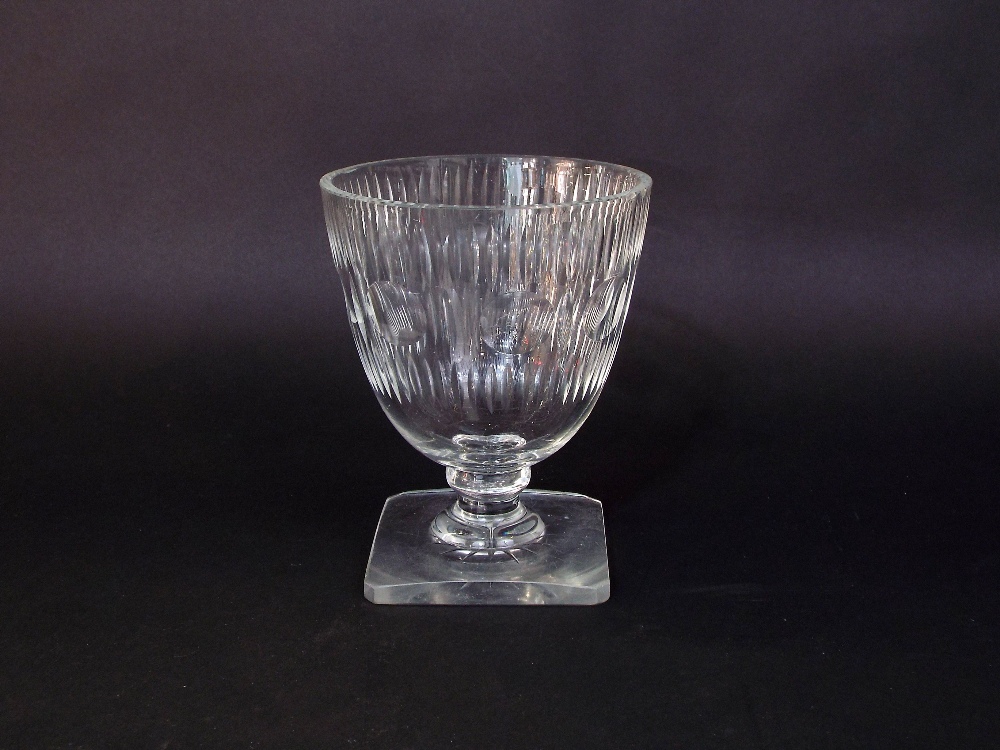 A 19th century cut glass vase with faceted decoration raised on a square cut base, 16 cm tall - Image 2 of 2