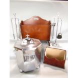 A chromium plated octagonal coal box and cover, two chromium plated companion sets, timber