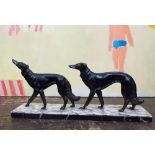 Art Deco cast spelter figural group of two Afghan type hounds upon a veined marble base, 60cm long