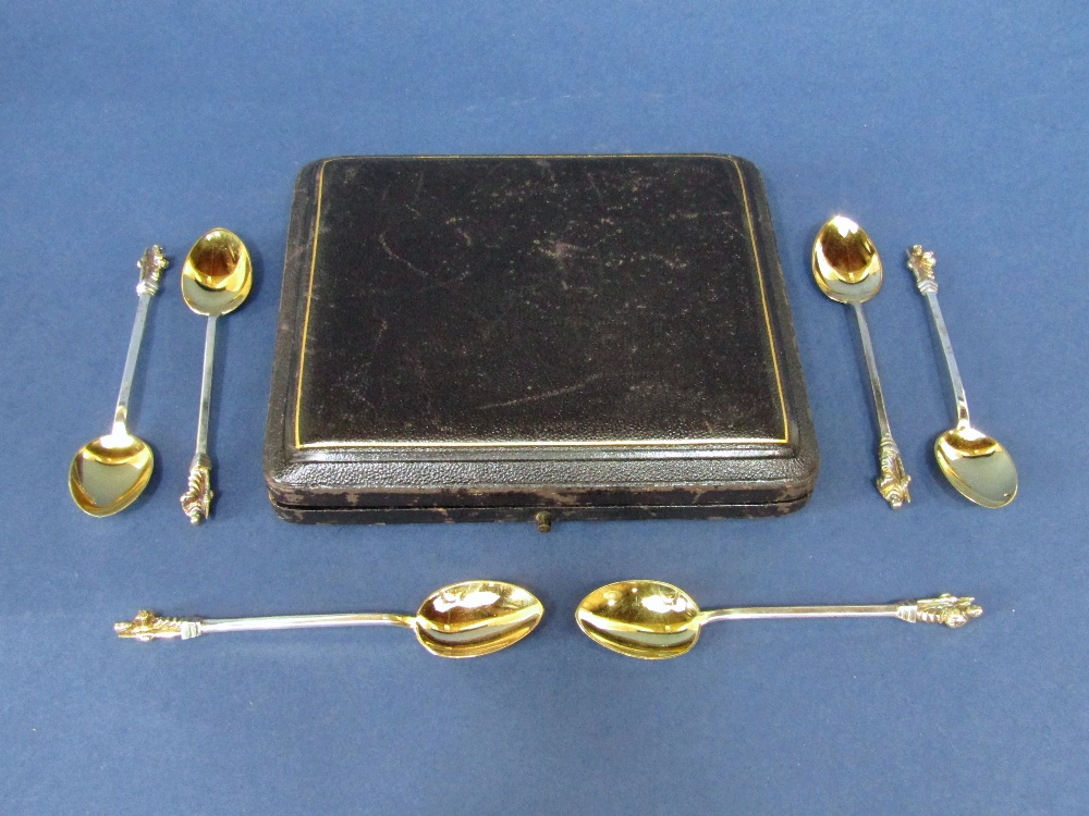 Cased set of six silver and silver gilt apostle spoons, maker Martin, Hall & Co, Sheffield 1889,