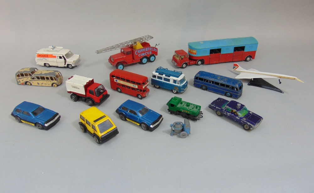 Die cast model vehicles including Dinky Chipperfield Circus Articulating Horse Box, and