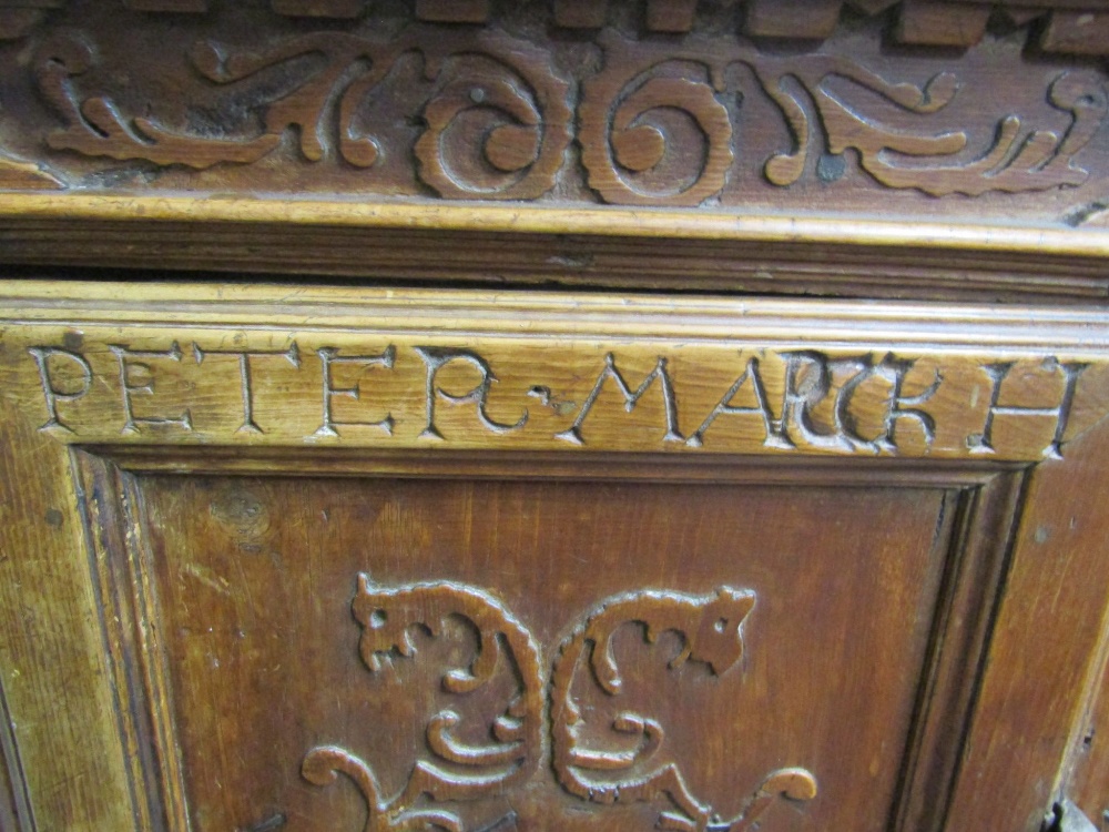 A 17th century pine side cupboard of continental origin, the central door with ironwork fittings, - Image 3 of 7