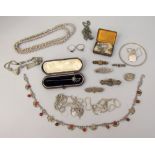 Collection of silver / white metal jewellery to include a cased stick pin in the form of a sword